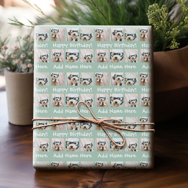 Mint Happy Birthday Name 6 Square Photo Collage Wrapping Paper (Custom Photo Wrapping Paper)
