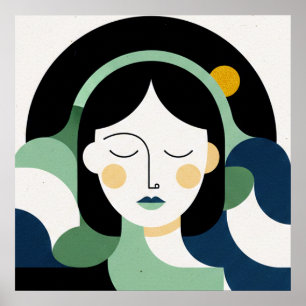 Mint Harmony: Minimalist Abstract Portrait in Sage Poster