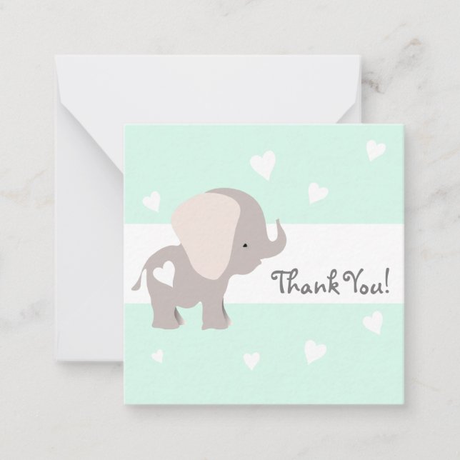 Mint Heart Elephant Thank You Notecards (Front)