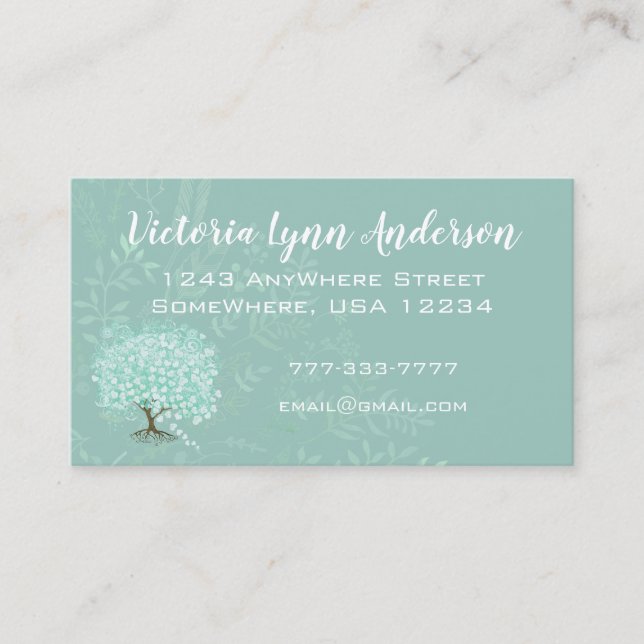 Mint Heart Leaf Tree Boho Floral and Feathers Business Card (Front)