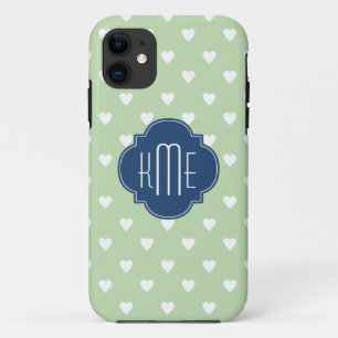Mint Heart Pattern Blue Quatrefoil Monogram iPhone 11 Case