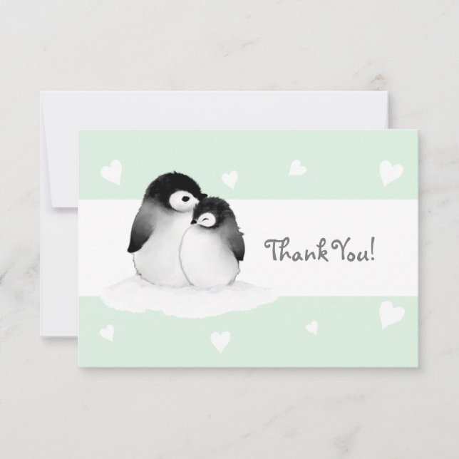 Mint Heart Penguin Thank You Card (Front)