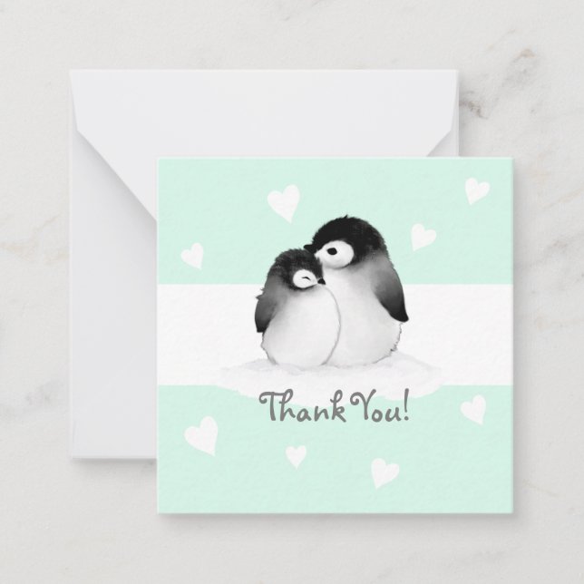 Mint Heart Penguin Thank You Notecards (Front)
