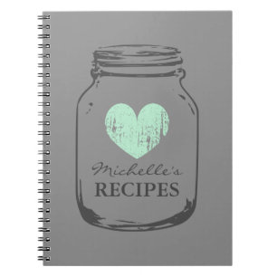 Mint heart vintage mason jar glass recipe notebook