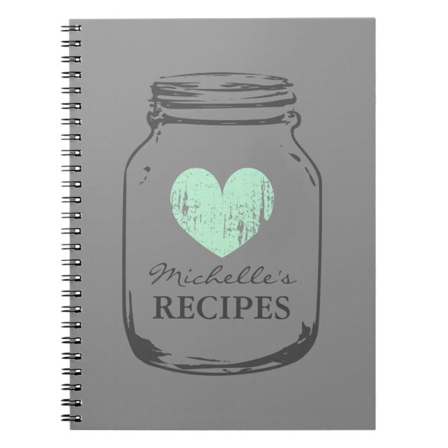 Mint heart vintage mason jar glass recipe notebook (Front)