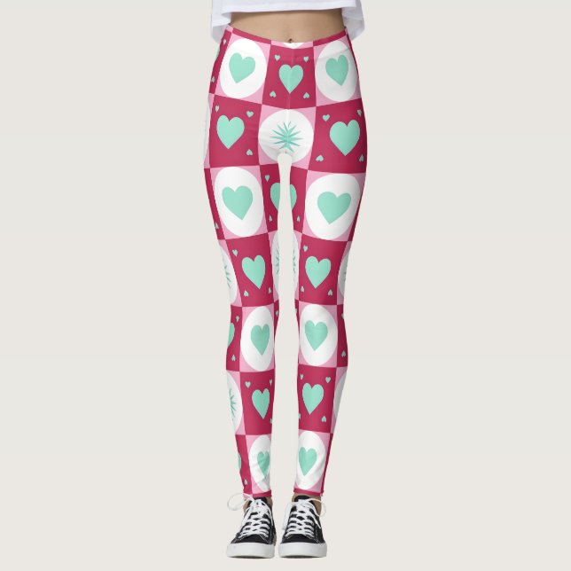 Mint Hearts & Retro Stars Leggings (Front)