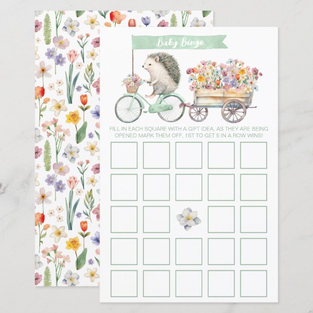 Mint Hedgehog Baby Shower Bingo Game Card (Front/Back)