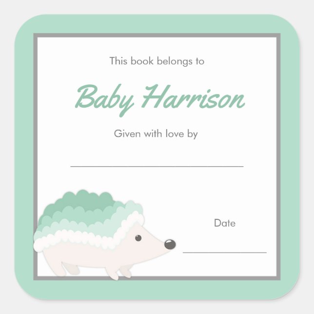 Mint Hedgehog Baby Shower Bookplate, neutral book Square Sticker (Front)