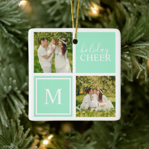 Mint Holiday Cheer Family Photo Collage Ceramic Ornament
