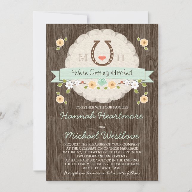 Mint Horseshoe Heart Western Wedding Invitation (Front)