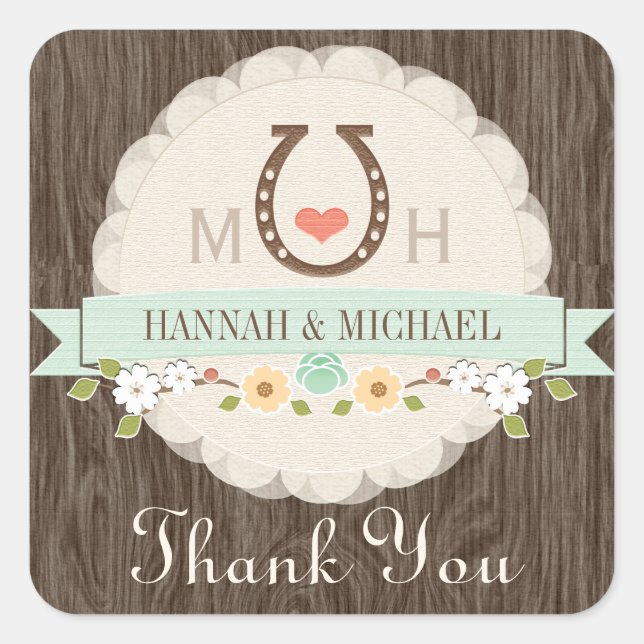 MINT HORSESHOE HEART WESTERN WEDDING THANK YOU SQUARE STICKER (Front)