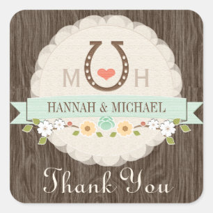 MINT HORSESHOE HEART WESTERN WEDDING THANK YOU SQUARE STICKER