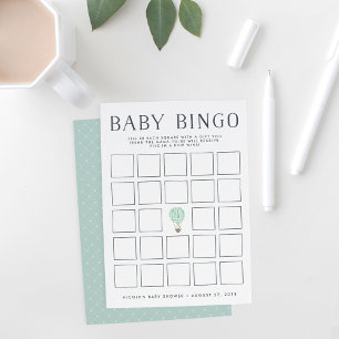 Mint Hot Air Balloon   Baby Shower Bingo Game Card