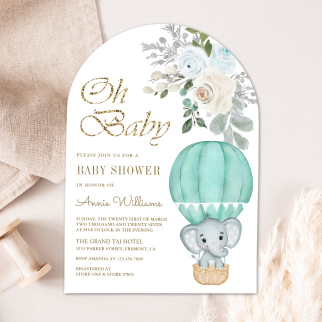 Mint Hot Air Balloon Elephant Arch Baby Shower Invitation (Creator Uploaded)