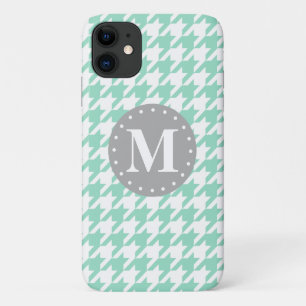 Mint Houndstooth Pattern Grey Monogram iPhone 11 Case