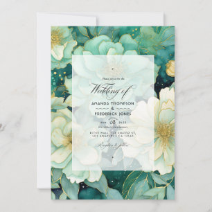 Mint, Hunter Green And Gold Floral Summer Wedding Invitation
