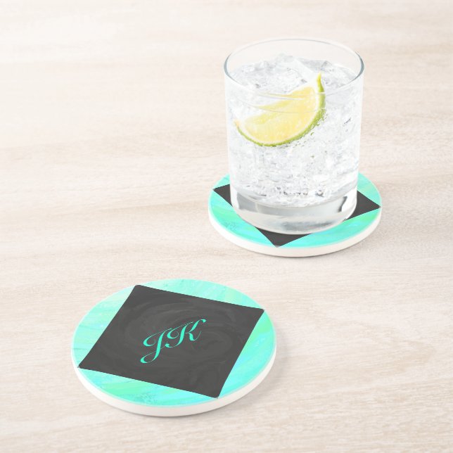 Mint Ice Blue and Black Monogram Coaster (Side)