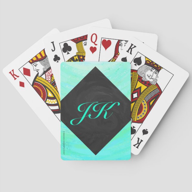 Mint Ice Blue and Black Monogram Playing Cards (Back)