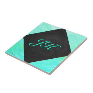 Mint Ice Blue and Black Monogram Tile