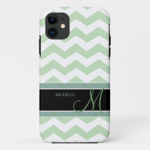 Mint Ice Cream Green Zig Zag Pattern with monogram iPhone 11 Case