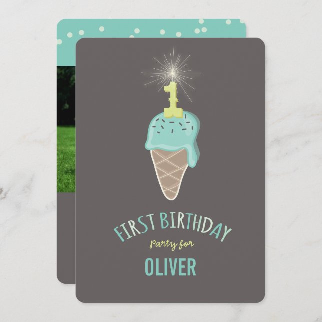 Mint Ice Cream Sparkler One Boy 1st Birthday Party Invitation (Front/Back)