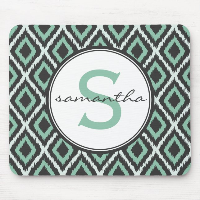 Mint Ikat Monogram Mouse Mat (Front)