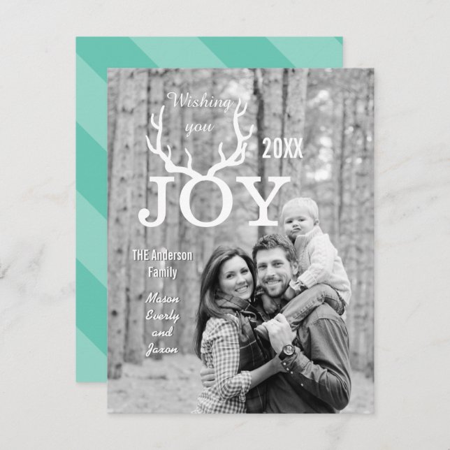 Mint Joy Deer Antlers Holiday Christmas Photo Card (Front/Back)