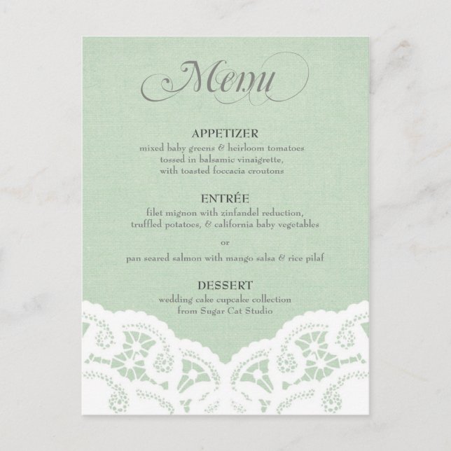 Mint Lace Doily Wedding Menu Postcard (Front)