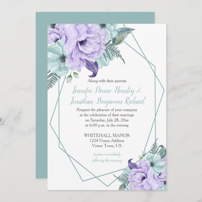 Mint Lavender Purple Geometric Watercolor Peonies Invitation (Front/Back)