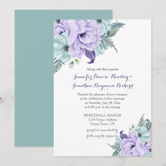 Mint Lavender Purple Watercolor Peonies Wedding Invitation (Front/Back)