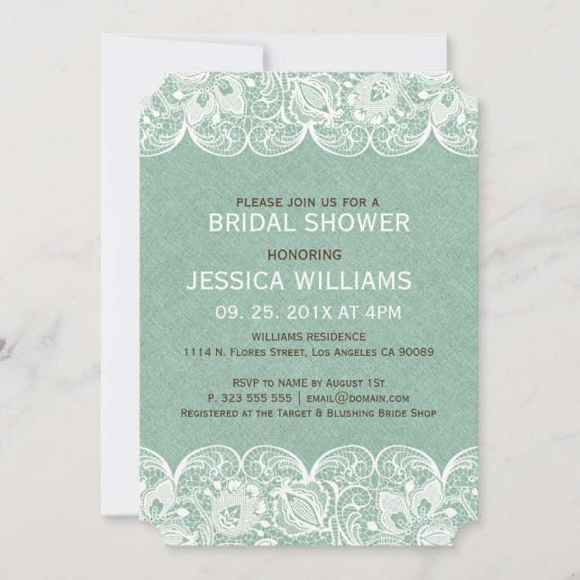 Mint Linen Print & White Lace Bridal Shower Invite (Front)