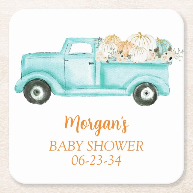 Mint Little Pumpkin Cute Baby Shower Square Paper Coaster (Front)