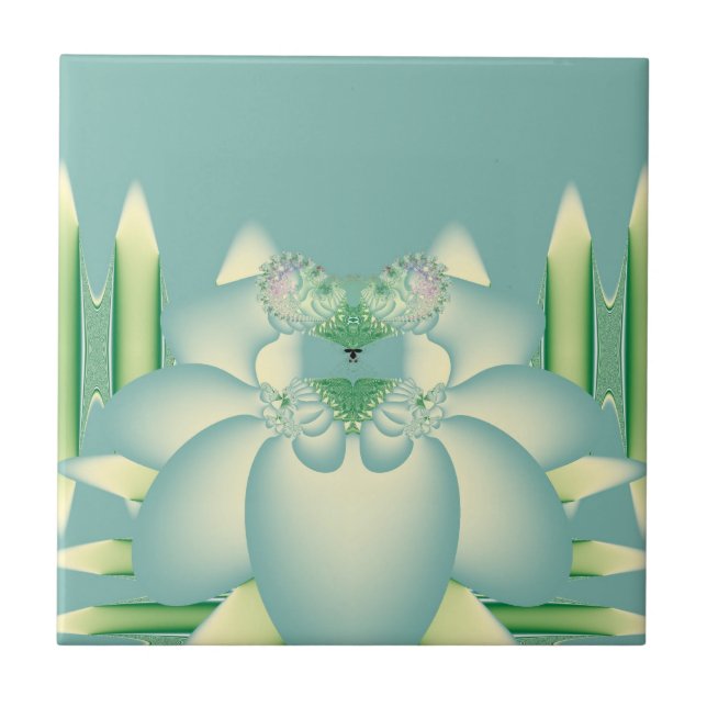 Mint Lotus Art Deco Fractal Flower Art Tile (Front)