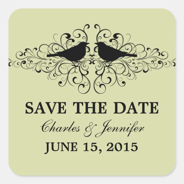 Mint Love Bird Swirls Save the Date Stickers (Front)