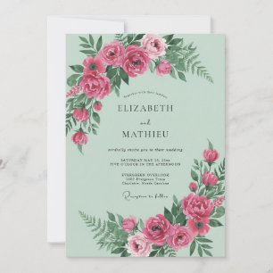 Mint Magenta Peony Wedding Invitation
