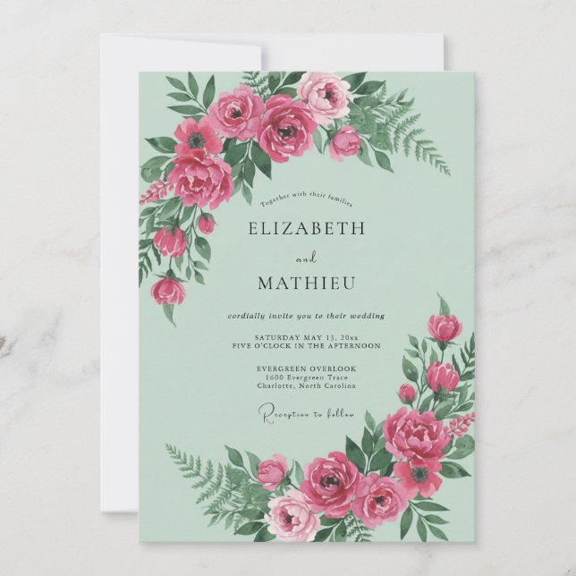 Mint Magenta Peony Wedding Invitation (Front)