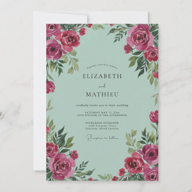 Mint Magenta Ranunculus Grey Eucalyptus Wedding Invitation (Front)