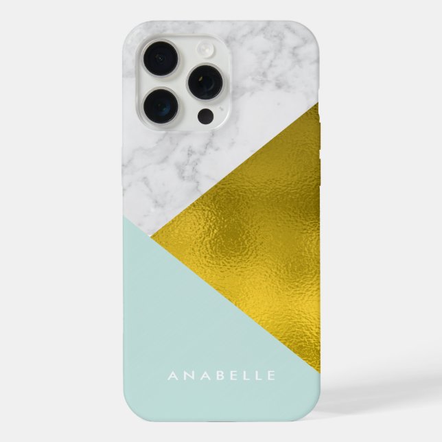 Mint Marble Pattern and Faux Gold Foil iPhone Case (Back)