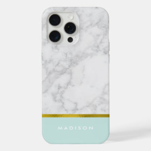 Mint Marble Pattern and Faux Gold Foil iPhone 15 Pro Max Case