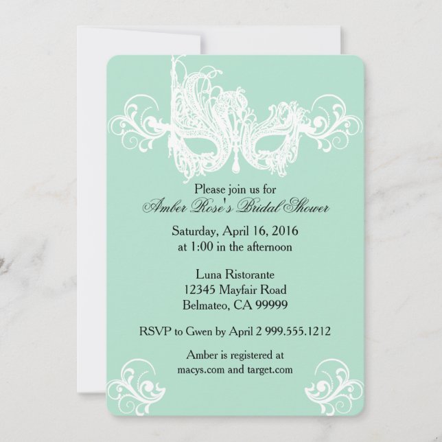 Mint Masquerade Bridal Shower Invitation (Front)