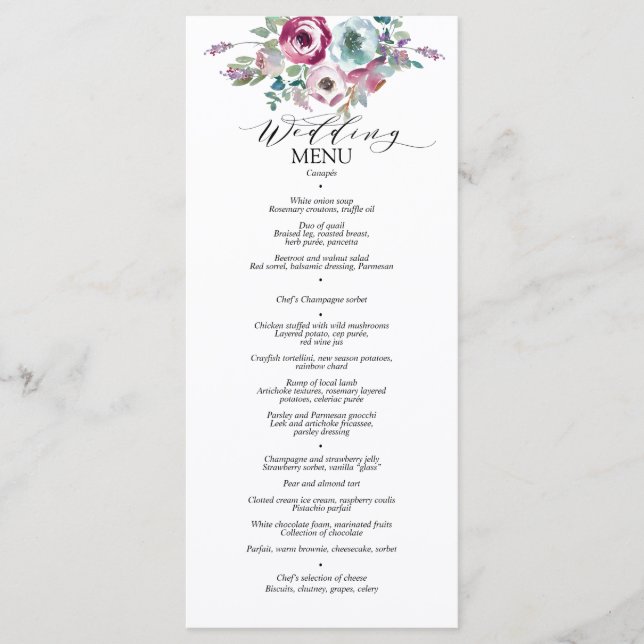 Mint & Mauve Floral Watercolour Wedding  Menu (Front)
