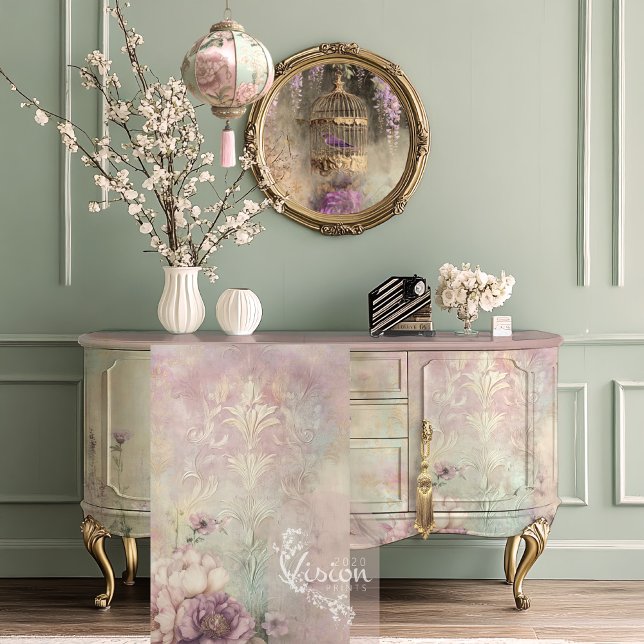 Mint Mauve Romance, Embossed Effect Damask Tissue Paper (Mint Mauve Romance Baroque Embossed Effect Patterns, Peony & Hummingbird, Decoupage Tissue Paper)