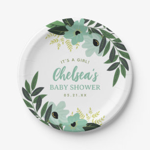 Mint Modern Floral Personalised Baby Shower Paper Plate