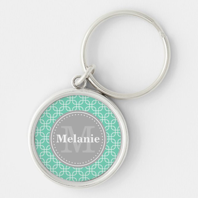 Mint Modern Squares Pattern Grey Monogram Key Ring (Front)