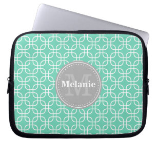 Mint Modern Squares Pattern Grey Monogram Laptop Sleeve