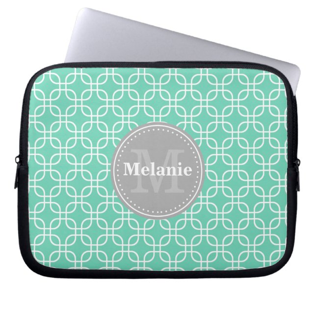 Mint Modern Squares Pattern Grey Monogram Laptop Sleeve (Front)