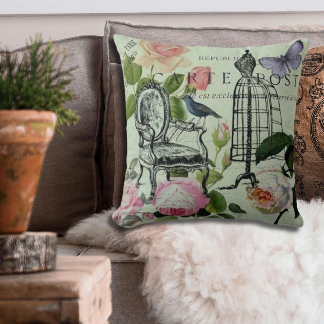 mint modern vintage french rose  butterfly paris cushion (mint modern vintage french rose butterfly paris throw pillow)