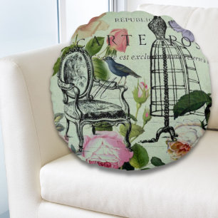mint modern vintage french rose  butterfly paris round cushion