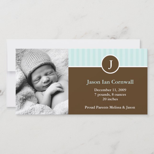 Mint Monogram and Stripes Birth Announcements (Front)