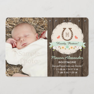 Mint Monogram Horseshoe Western Birth Announcement
